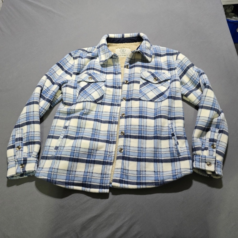Sage Collective Fleece Shacket Women Medium Blue Plaid Sherpa Lined Jacket